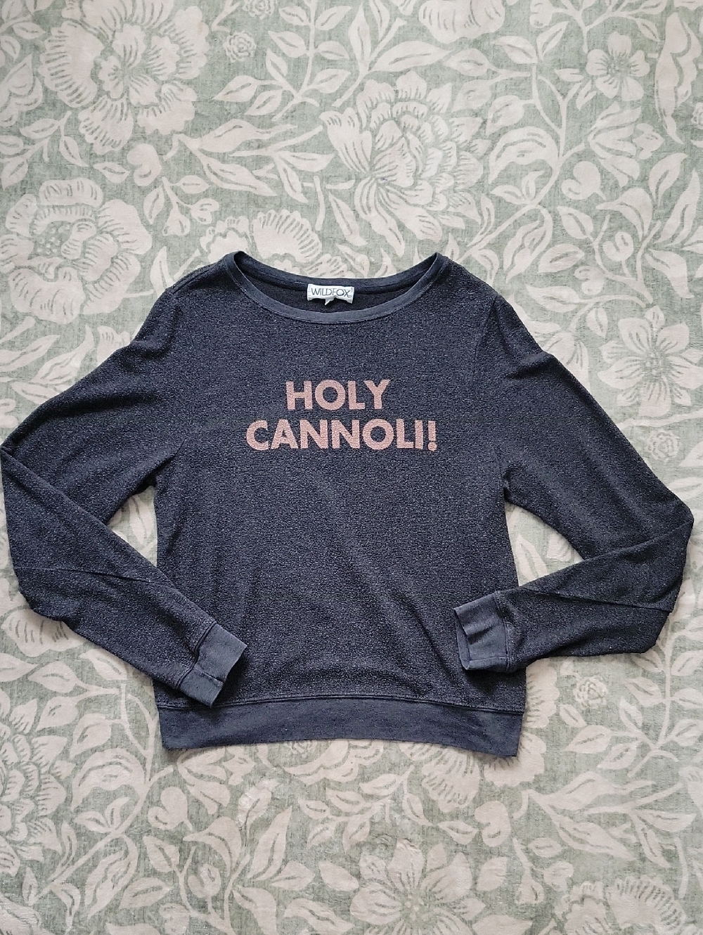 Wildfox Gray 'Holy Cannoli!' Crewneck Sweater with Pink Lettering